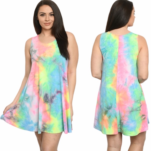 Dresses & Skirts - NEON TIE DYE MULTI PLUS SIZE TANK TUNIC DRESS